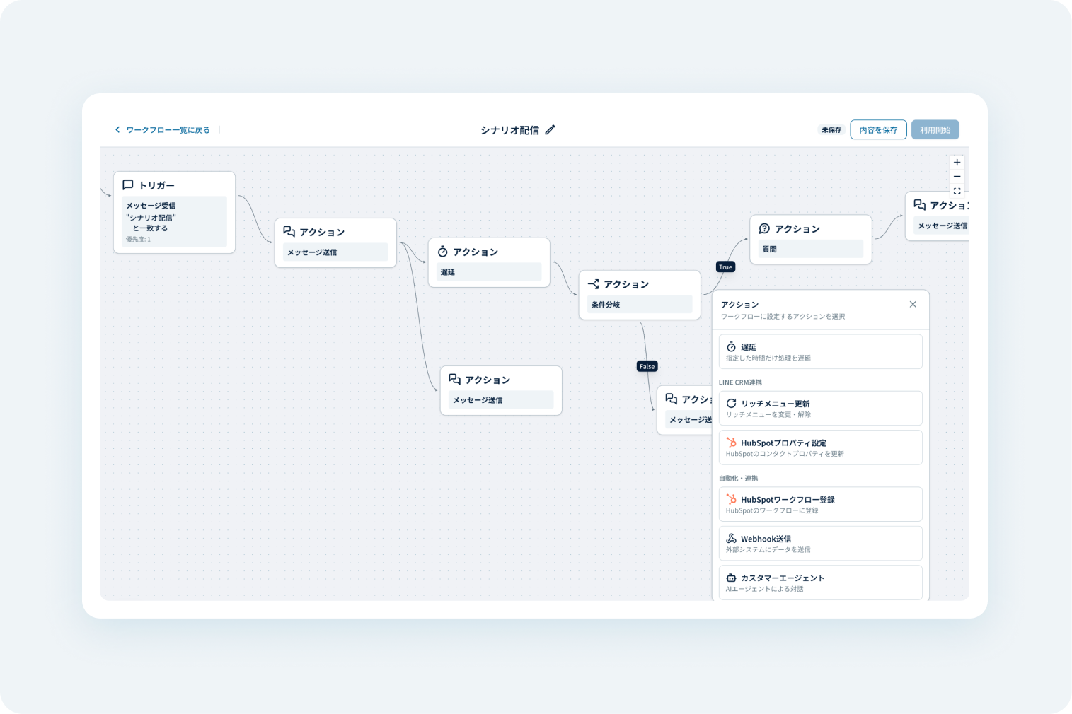 Lumoのシナリオ配信ワークフロー編集画面。複数のトリガーとアクションを連結したフロー図とアクション一覧