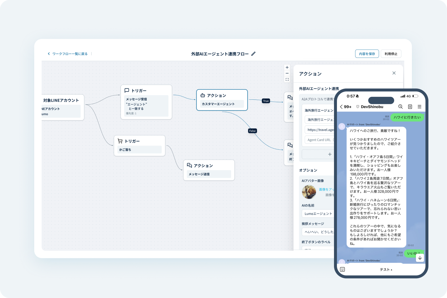Lumoの外部AIエージェント連携フロー画面と、LINE上でのAI応答メッセージのスマホプレビュー
